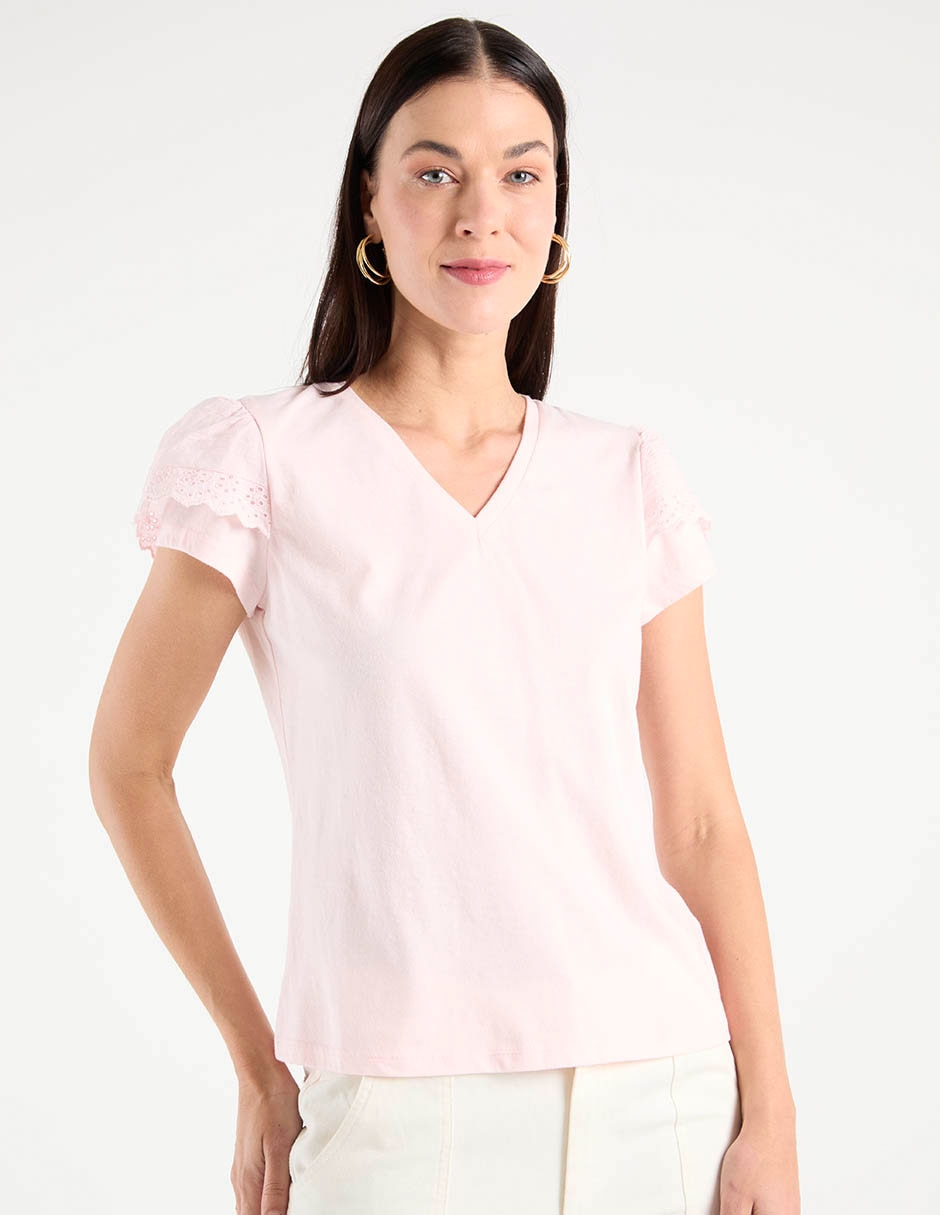 Playera manga corta cuello V para mujer